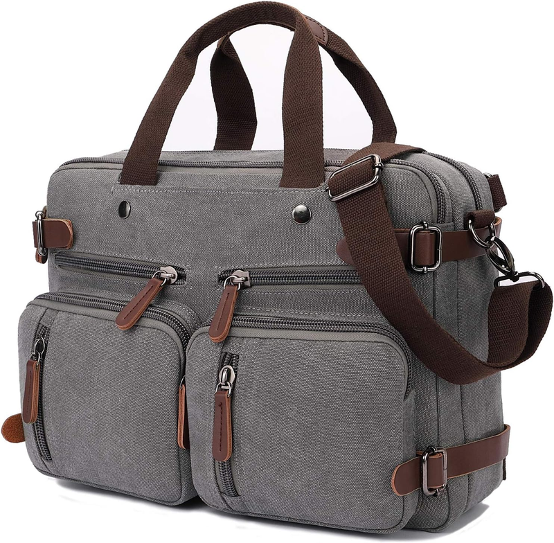 3 in 1 Canvas Laptop Bag 17.3 Inch Convertible Briefcase Multi Pocket Grey7