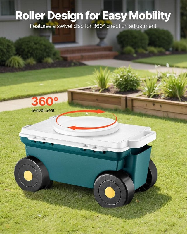 Garden Scooter with Seat, 2 in 1 Rolling Garden Cart with Storage Bin, Supports 2