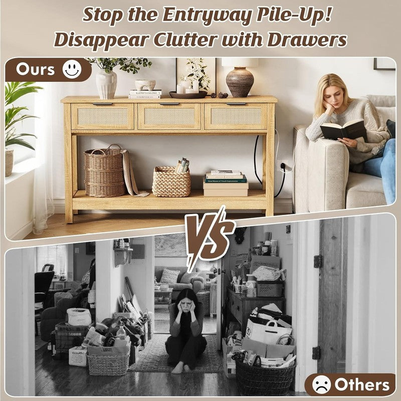 47'' Entryway Console Table Natural with USB-C & Outlets 3 Rattan Drawers3
