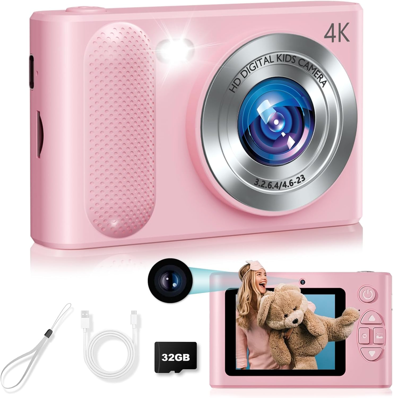 48MP Kids Digital Camera 1080P Dual Lens w/ 32GB Card – Pink Gift8