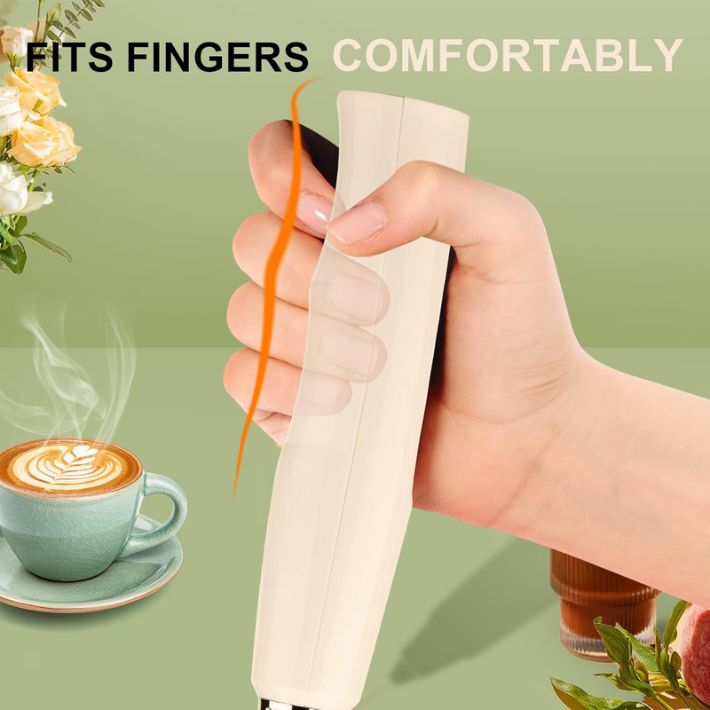 Milk Frother Handheld Beige Rechargeable 3 Speed 3 Heads Coffee Whisk4