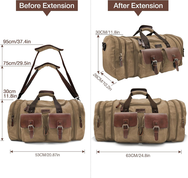 50L Expandable Travel Duffel Bag Canvas Leather Weekender Carry On Bag6