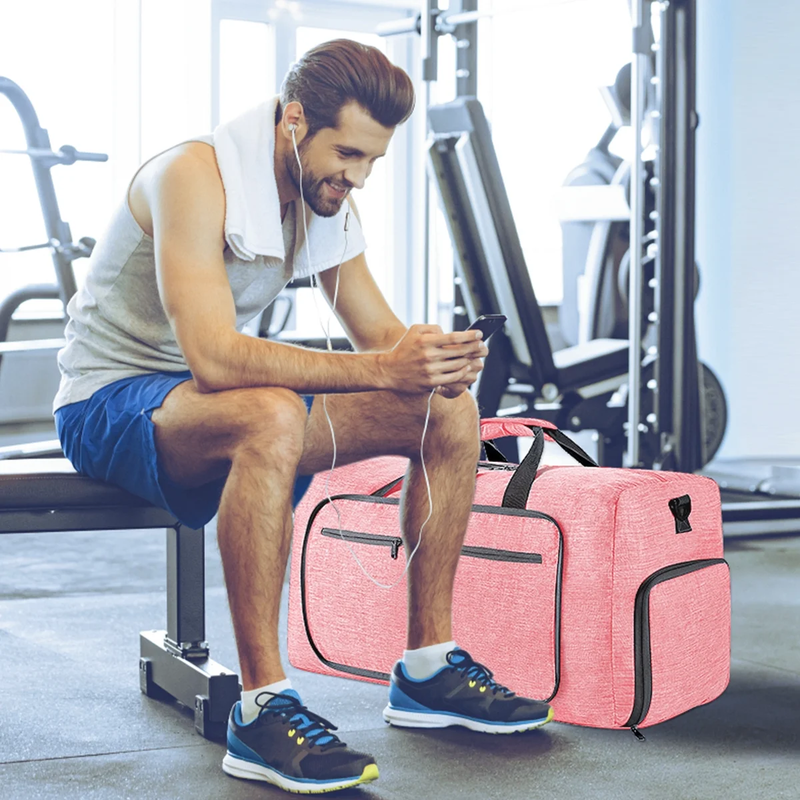 65L Foldable Travel Duffle Bag Waterproof Weekender w/Shoe Compartment Pink4