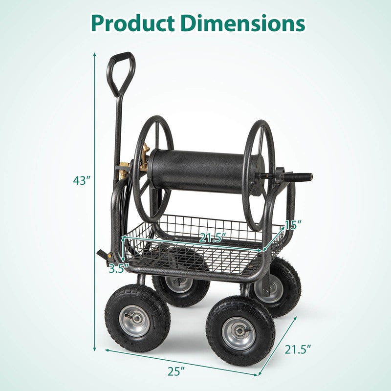 Portable Hose Reel Cart with 300 Ft of 5/8” Large Capacity Storage Basket for La2