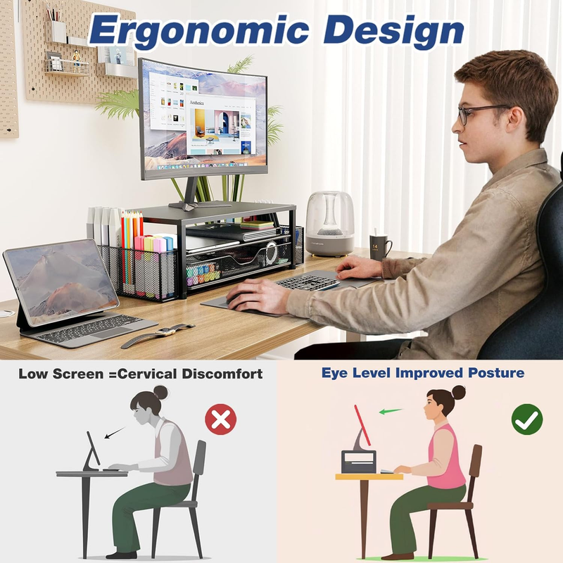 Desk Organizer and Accessories, 2-Tier Computer Monitor Stand Riser with Drawer 1