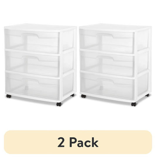 (2 Pack) Wide 3 Drawer Cart, Clear Plastic Storage Drawers, Wheels Included0