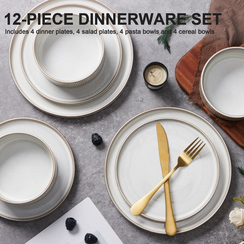 Dinnerware Set for 4, 12 Piece Premium Stoneware Ribbed Dishes with Reactive Gla8