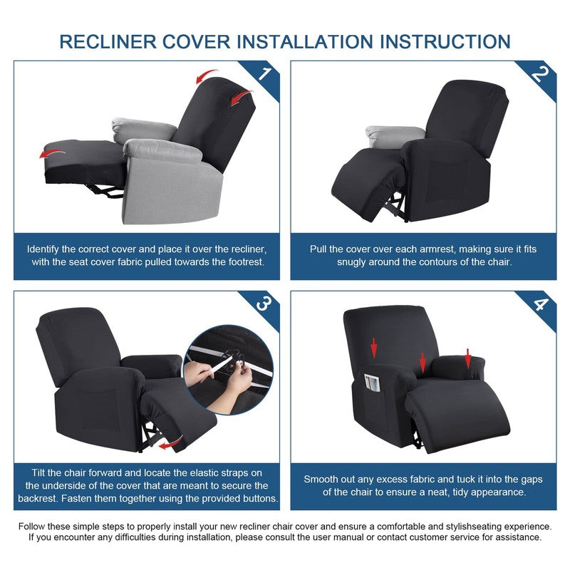 3-Piece Black Recliner Chair Slipcover Stretch Cover with Pockets Protector3