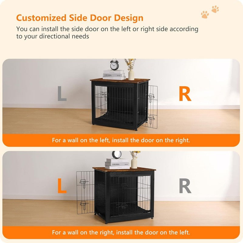 Dog Crate Furniture Table w/Cushion Wooden Kennel Double Door 27.2" Black/Brown3