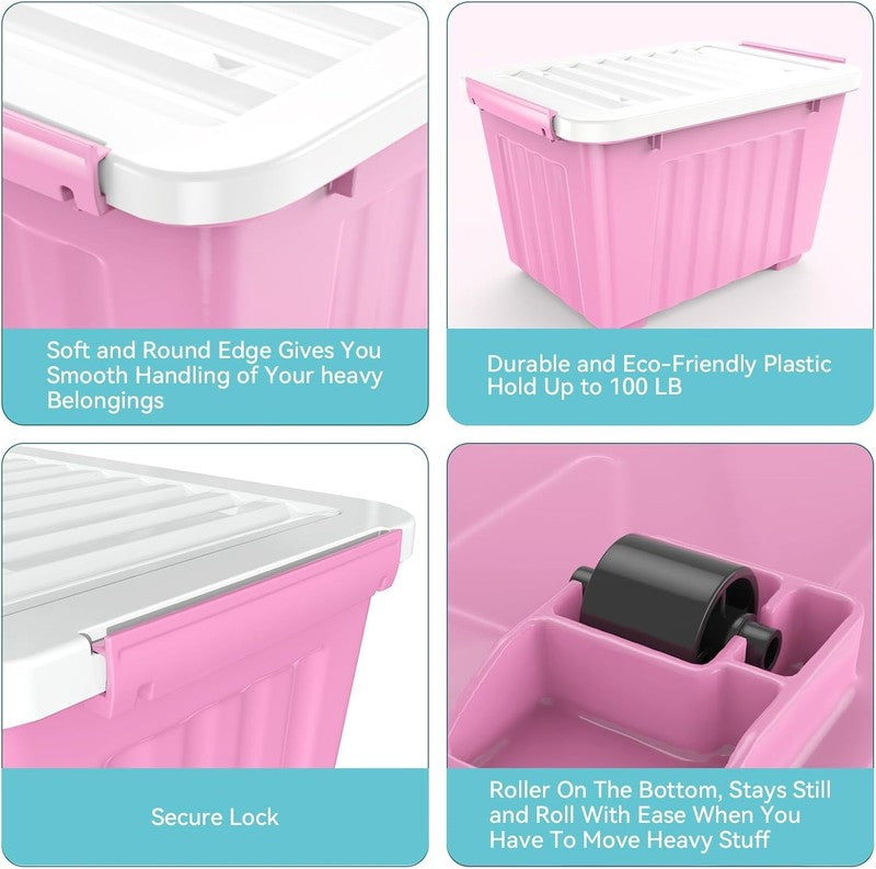 72Qt Pink/White Plastic Storage Bins w/Lids Stackable Nestable 6 Pack2
