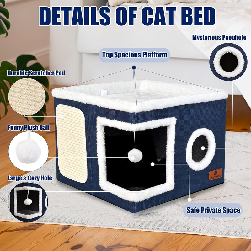Cat Beds for Indoor Cats, Large Cat Cave Bed with Scratch Pad and Fluffy Ball, F3