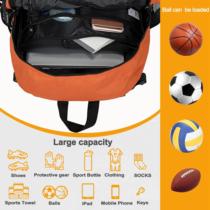 Soccer Basketball Backpack w/ Ball & Shoe Compartment Sports Travel Bag3