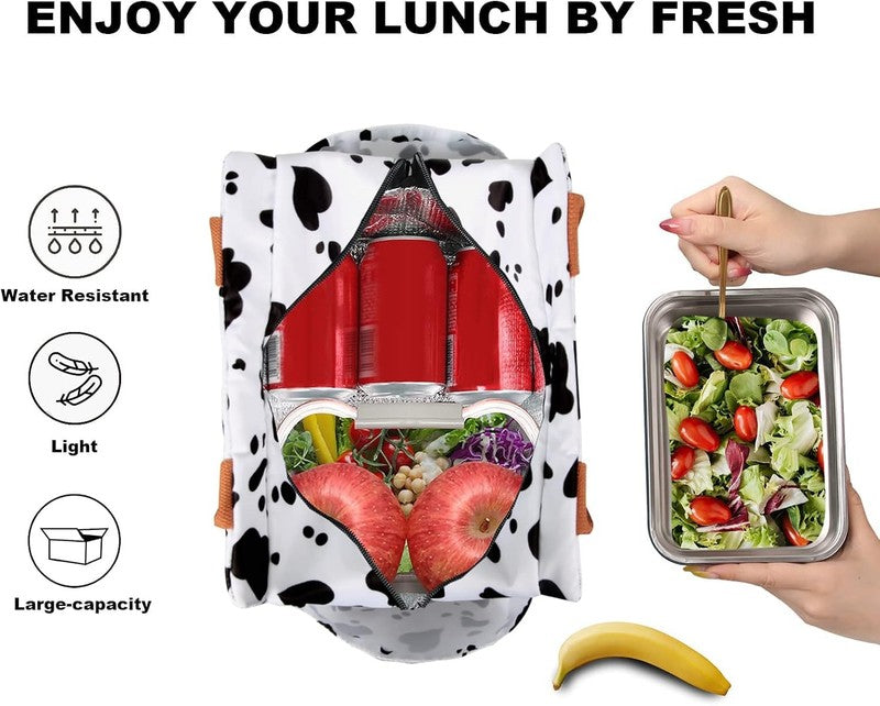 Insulated Lunch Bag Women Men Leakproof Large Cooler Tote w Bottle Holder Cow2