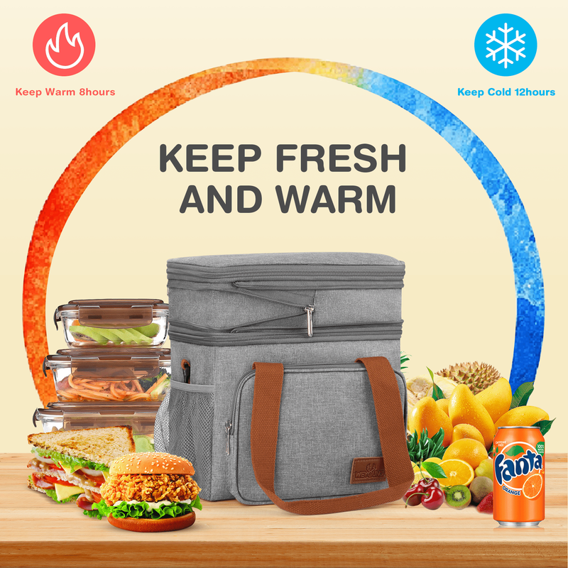 17L Insulated Lunch Bag Expandable Double Deck Cooler Tote Leakproof Work Gray5