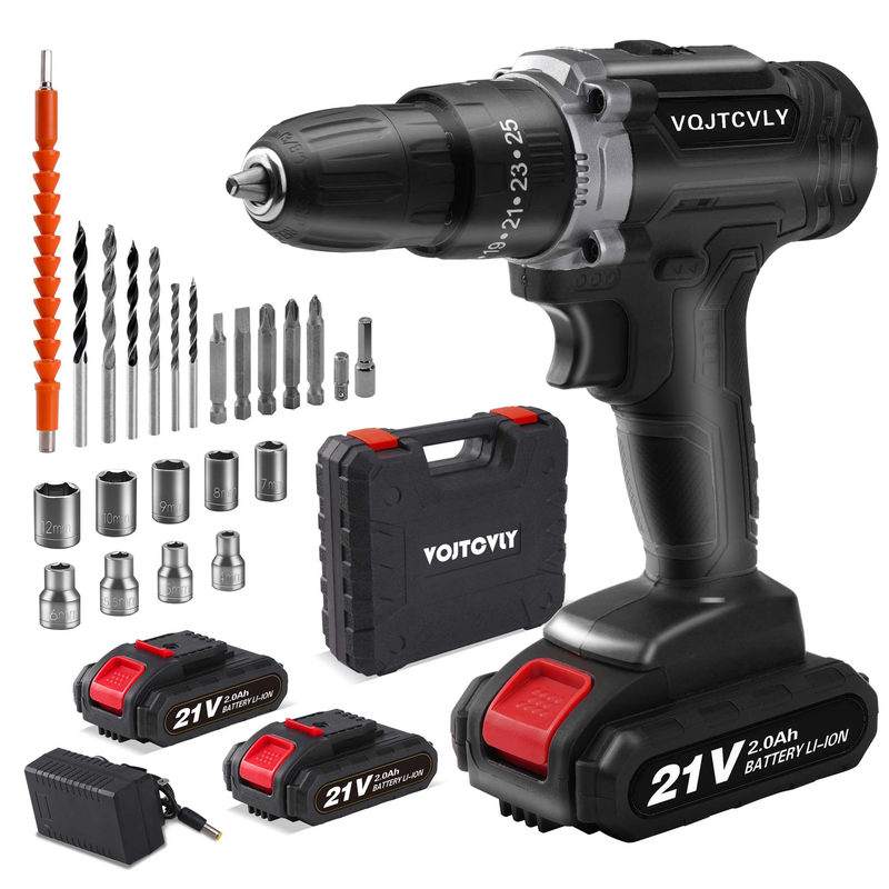 21V Cordless Drill Power Tool Set 25+1 Torque 2-Speed Electric Drill Black10