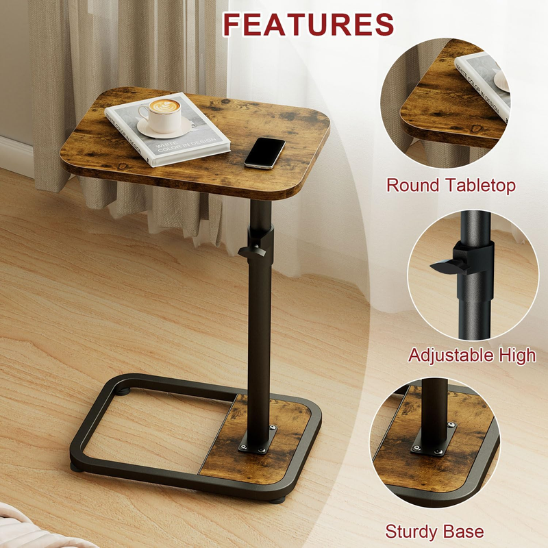 C-Shaped Swivel End Table Adjustable Side Table Rustic Brown Wood4