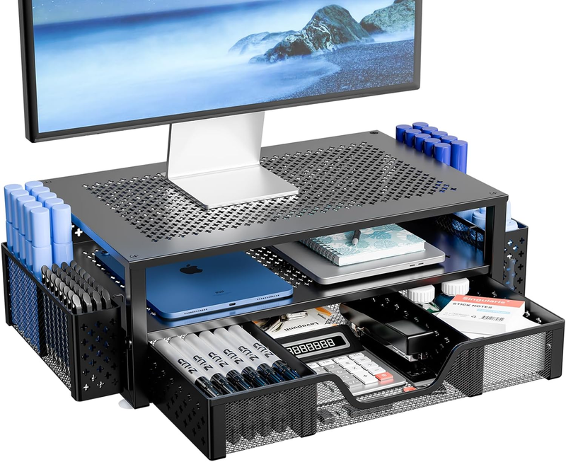 2-Tier Metal Monitor Stand with Drawer & Pen Holder for Desk Organization7