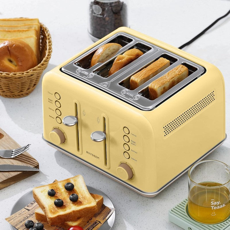 Retro 4 Slice Toaster 1800W Extra Wide Slots 7 Shade Bagel Stainless Yellow7