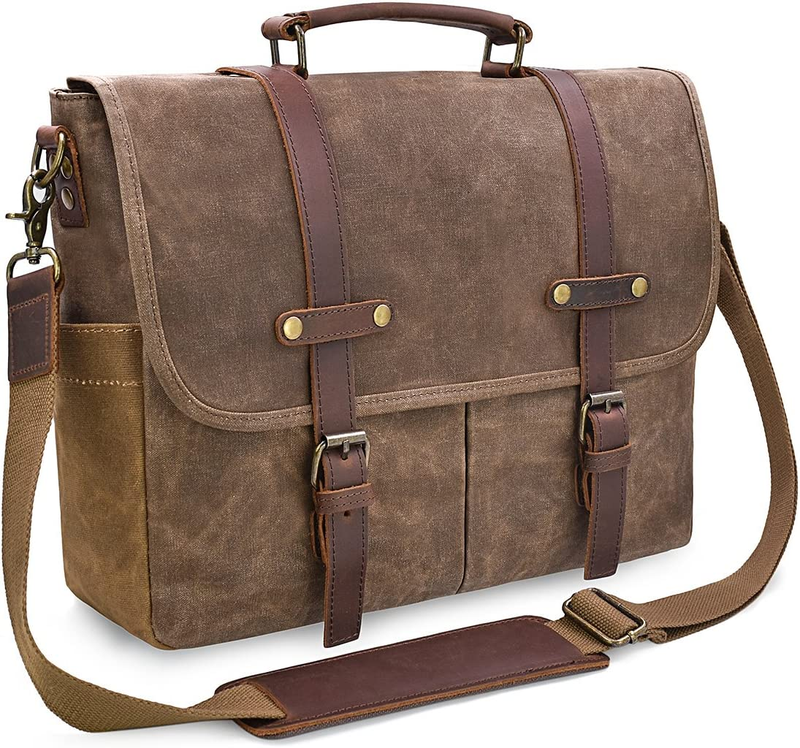 Mens Messenger Bag 15.6 Inch Waterproof Vintage Genuine Leather Waxed Canvas Bri11