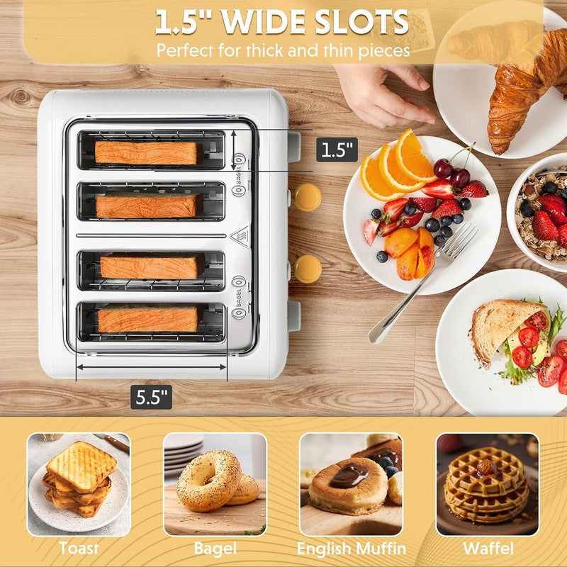 Retro 4 Slice Toaster 1800W Extra Wide Slots 7 Shade Bagel Stainless White2