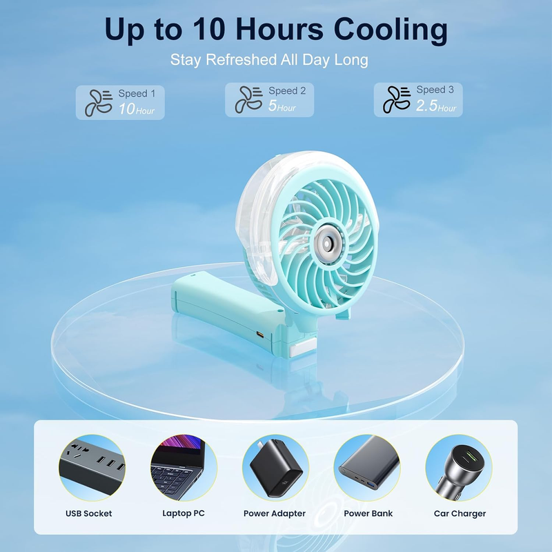 Portable Handheld Misting Fan USB Rechargeable Foldable Light Blue7