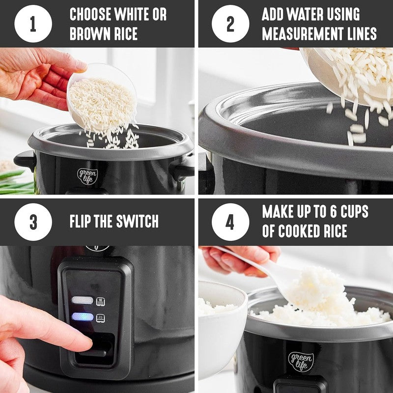Rice Cooker 3-Cup PFAS-Free Ceramic Nonstick Pot Keep Warm Black9