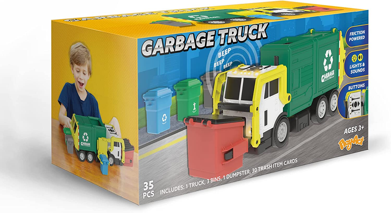 Large Friction Powered Garbage Truck Toy Set, Includes Dumpster, Trash Bins, and6