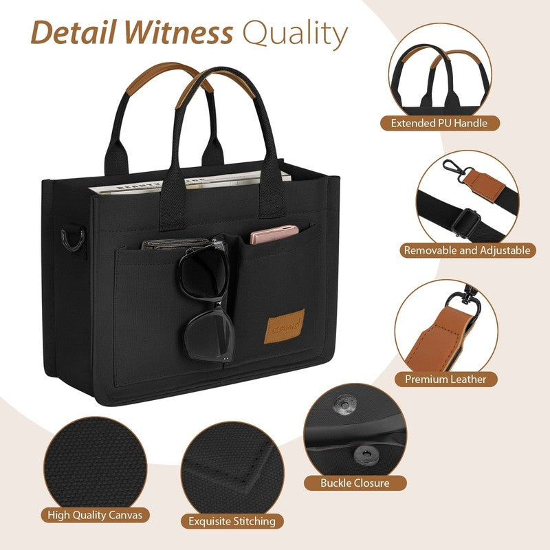 Canvas Tote Bag with Multi Pockets Large Crossbody Laptop Work Travel Tote Black3