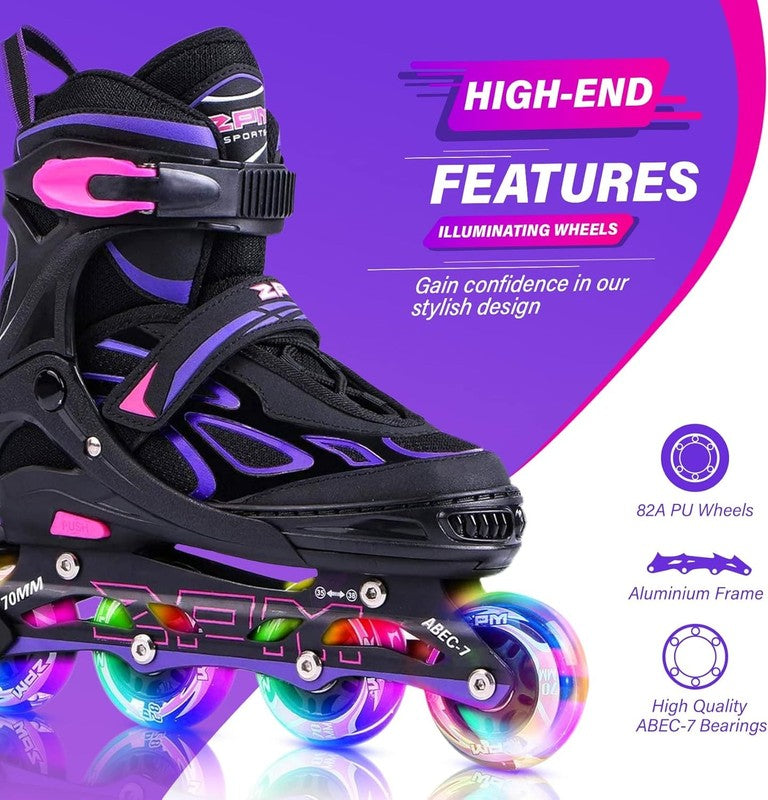 Vinal Girls Adjustable Flashing Inline Skates, All Wheels Light Up, Fun Illumina2