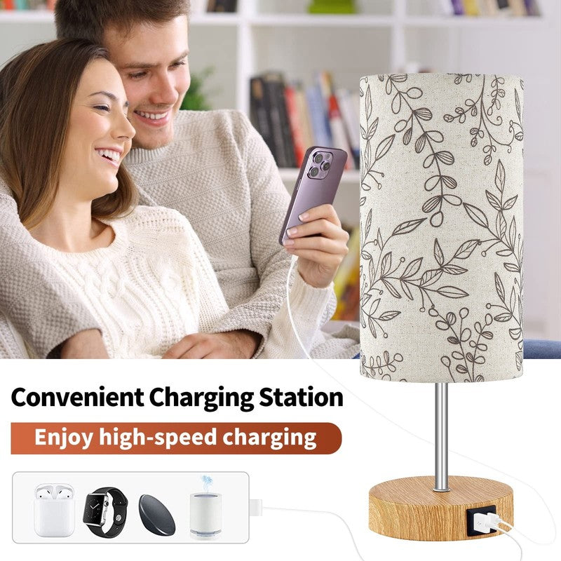 15" 3 Way Dimmable Table Lamp w/ USB Leaf Print Touch Control Bedside Lamp3