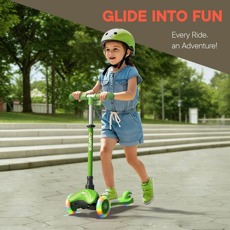 Kids 3 Wheel Scooter Lean to Steer LED Wheels Adjustable Handlebar Green2