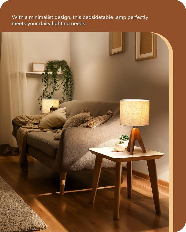 Tripod Table Lamp Small Bedside Lamp Linen Shade Wood Base 14.2in E266