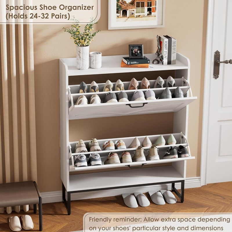 Shoe Cabinet 2 Flip Drawers Freestanding Narrow Rack Entryway Foyer White4