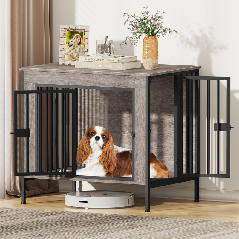 Dog Crate Furniture 28.15" Indoor TV Stand Single/Double Small Dogs Oak Gray10