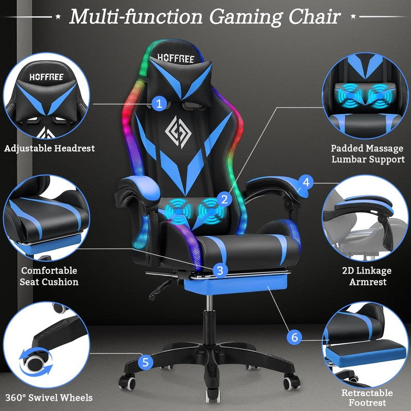 Gaming Chair with Speakers PU Leather Office Chair with Footrest and LED Lights 9