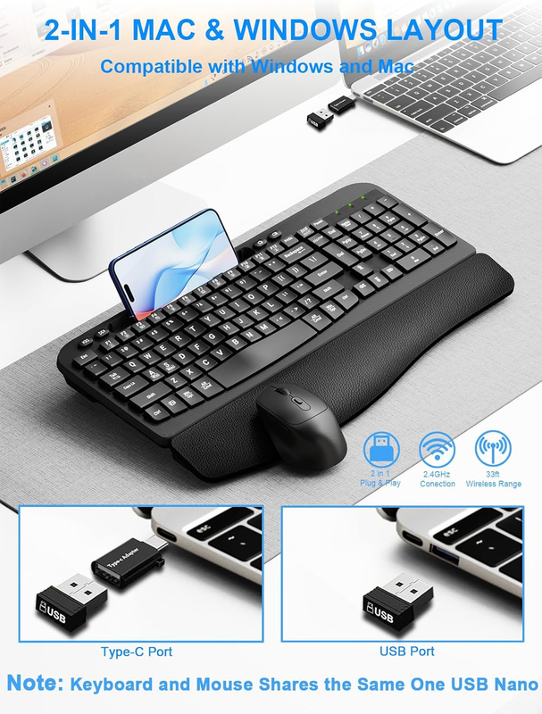 Wireless Keyboard and Mouse Combo, Wave Keys Computer Ergonomic Keyboard with Cu3