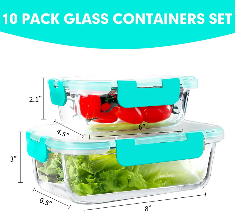10 Pack Airtight Glass Meal Prep Containers Stackable Lids Green1