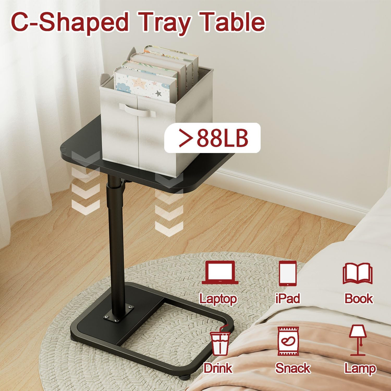 C Shaped Tv Trays Living Room End Table End Stand, Black Minimalist Wooden C Tab3