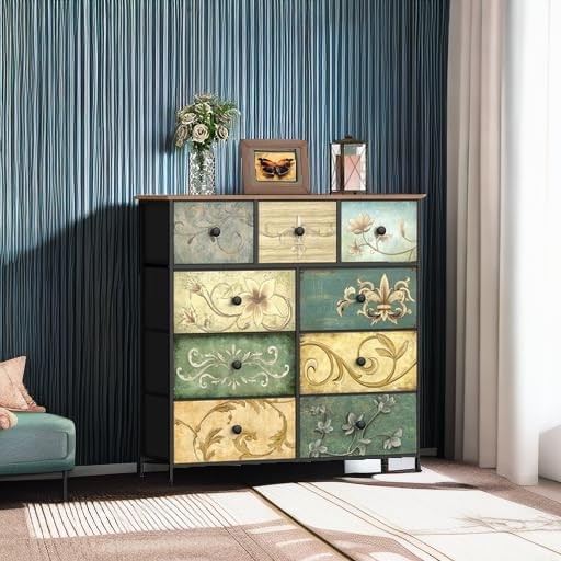 9 Drawer Fabric Dresser Retro Floral Chest Storage Organizer for Bedroom Closet4