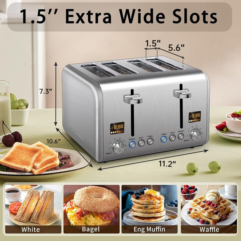 4 Slice Stainless Toaster Silver - LCD Display, 7 Shades, Bagel, Defrost, 1800W1