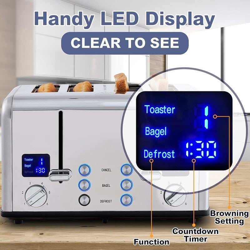 4 Slice Stainless Steel Toaster LED Wide Slots Bagel Defrost Cancel3