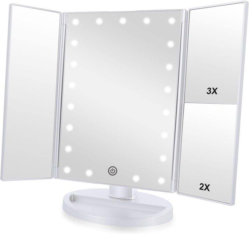 Tri Fold Lighted Vanity Mirror with 3X/2X Magnification & Touch Screen White10