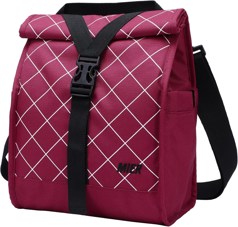Insulated Roll Top Lunch Bag for Women Men Foldable Tote w/ Shoulder Strap Red0