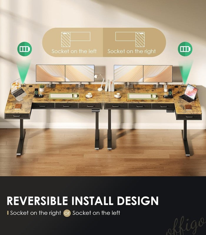 63” L-Shaped Electric Standing Desk w/ Drawers Power Outlets Rustic Brown5