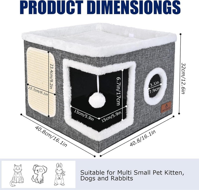 Cat Cave Bed for Indoor Cats – Foldable Cat House with Scratch Pad Grey1