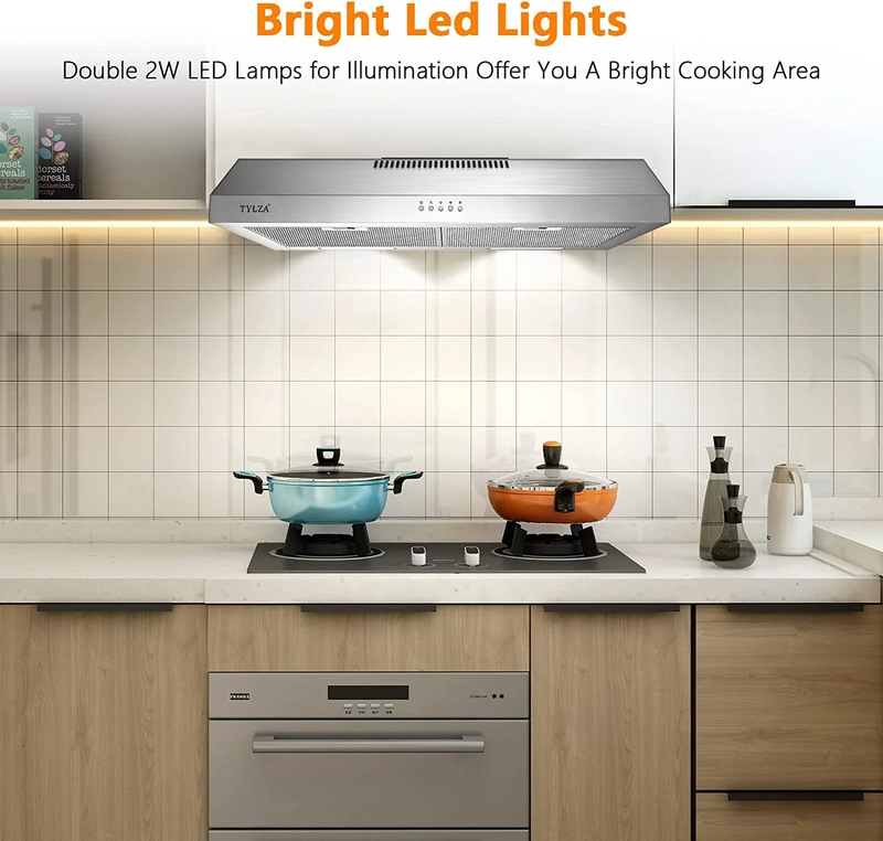 Tylza 30" 600CFM Stainless Steel Under Cabinet Range Hood LED Charcoal Filter9