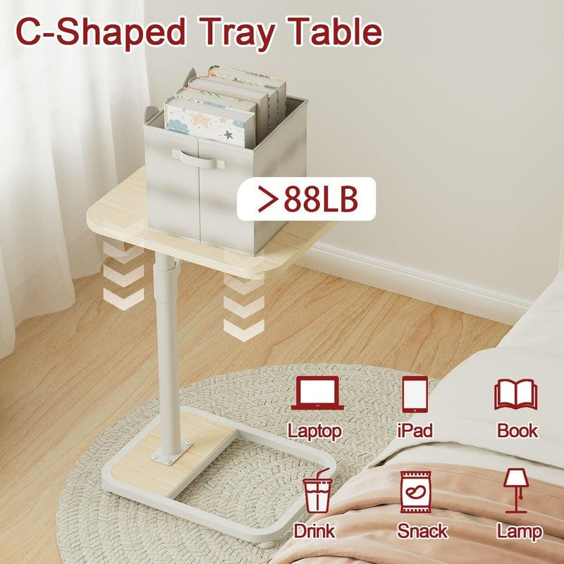 C-Shaped Adjustable End Table Sofa TV Tray Side Table Natural Wood3