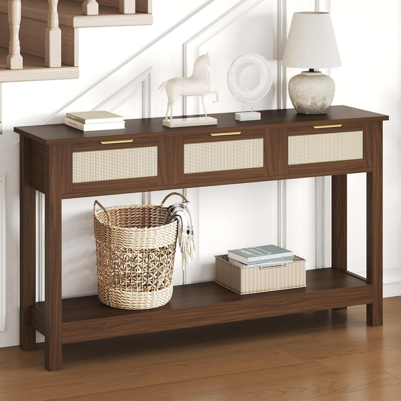 Walnut Console Table 3 Rattan Drawers Boho Entryway Storage Shelf 47" Long10