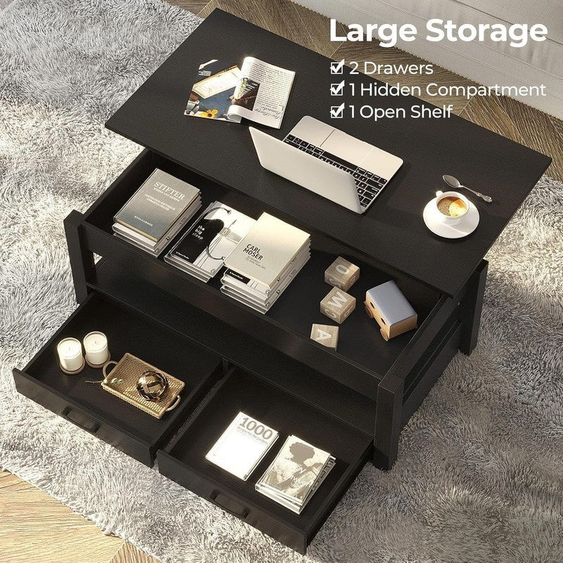 Lift Top Coffee Table w/ Drawers Hidden Compartment Retro Wooden Black4
