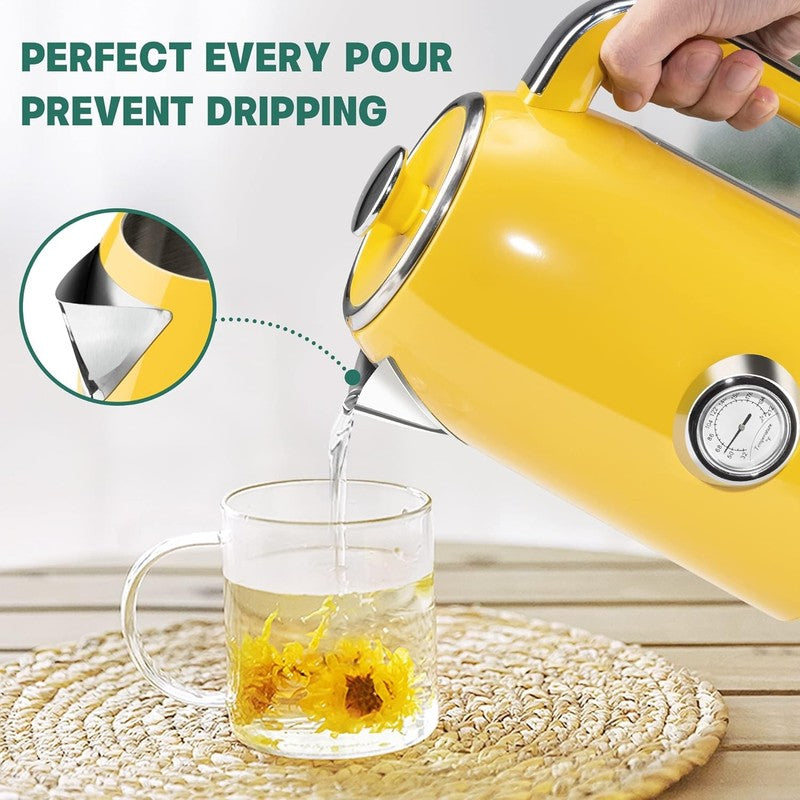 Electric Kettle 57Oz 1500W Stainless Steel Fast Boil w/ Thermometer Yellow2